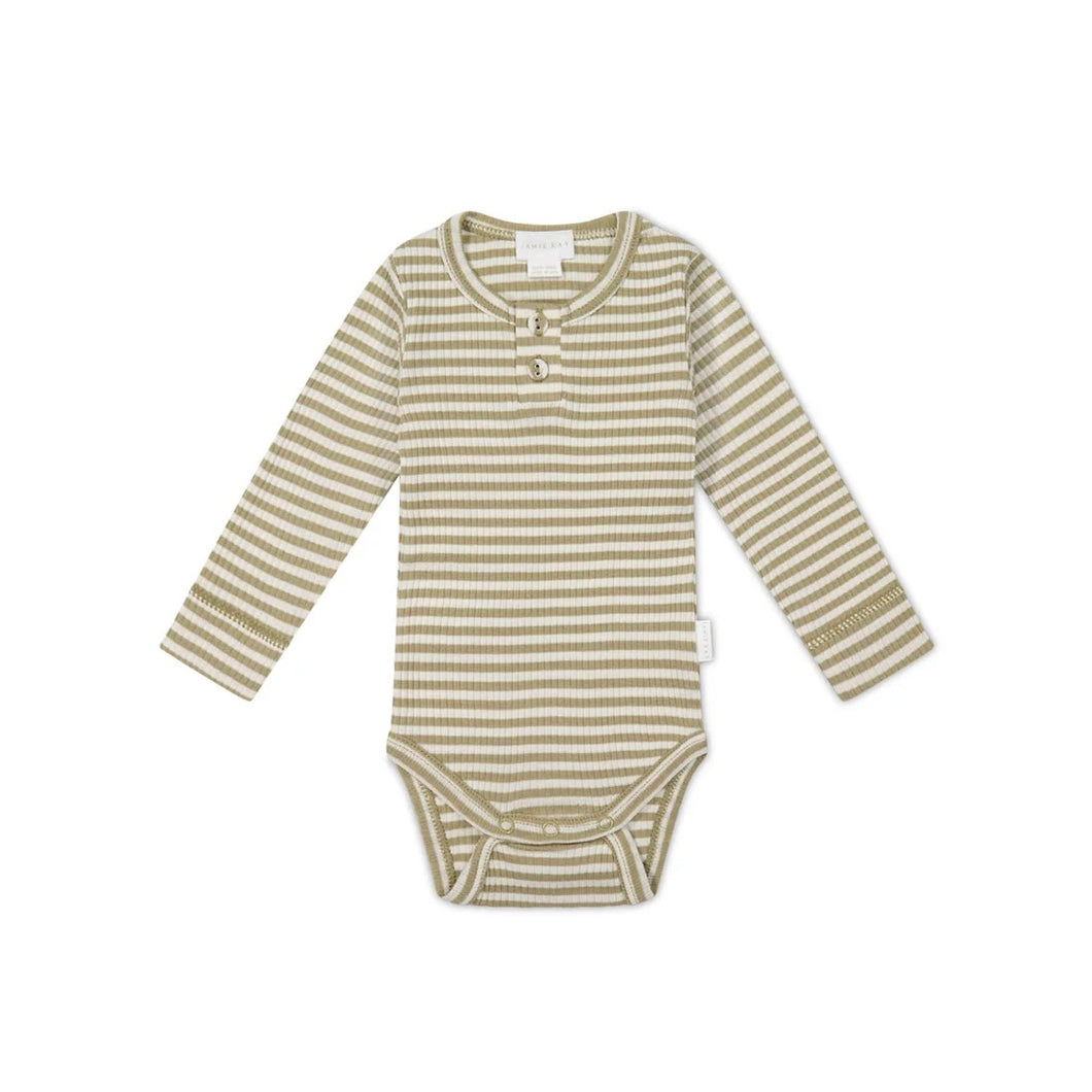 Jamie Kay Organic Cotton Modal Long Sleeve Bodysuit - Narrow Stripe Balm/Cloud